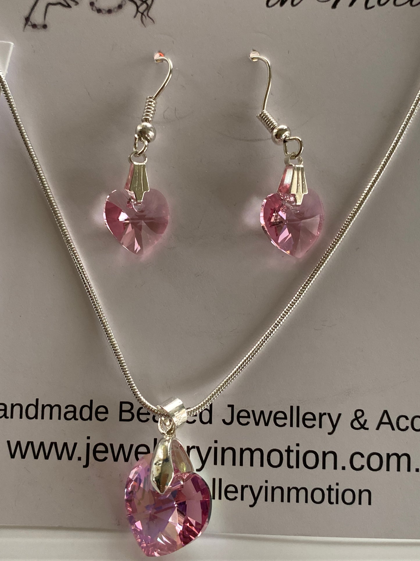 Pink Hearts Earring & Necklace Set Pierced Silver Plate