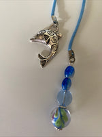 Beaded & Silk Cord Book Mark Book Thong Blue tones Dolphin charm with Blue & Flora lLampwork Bead