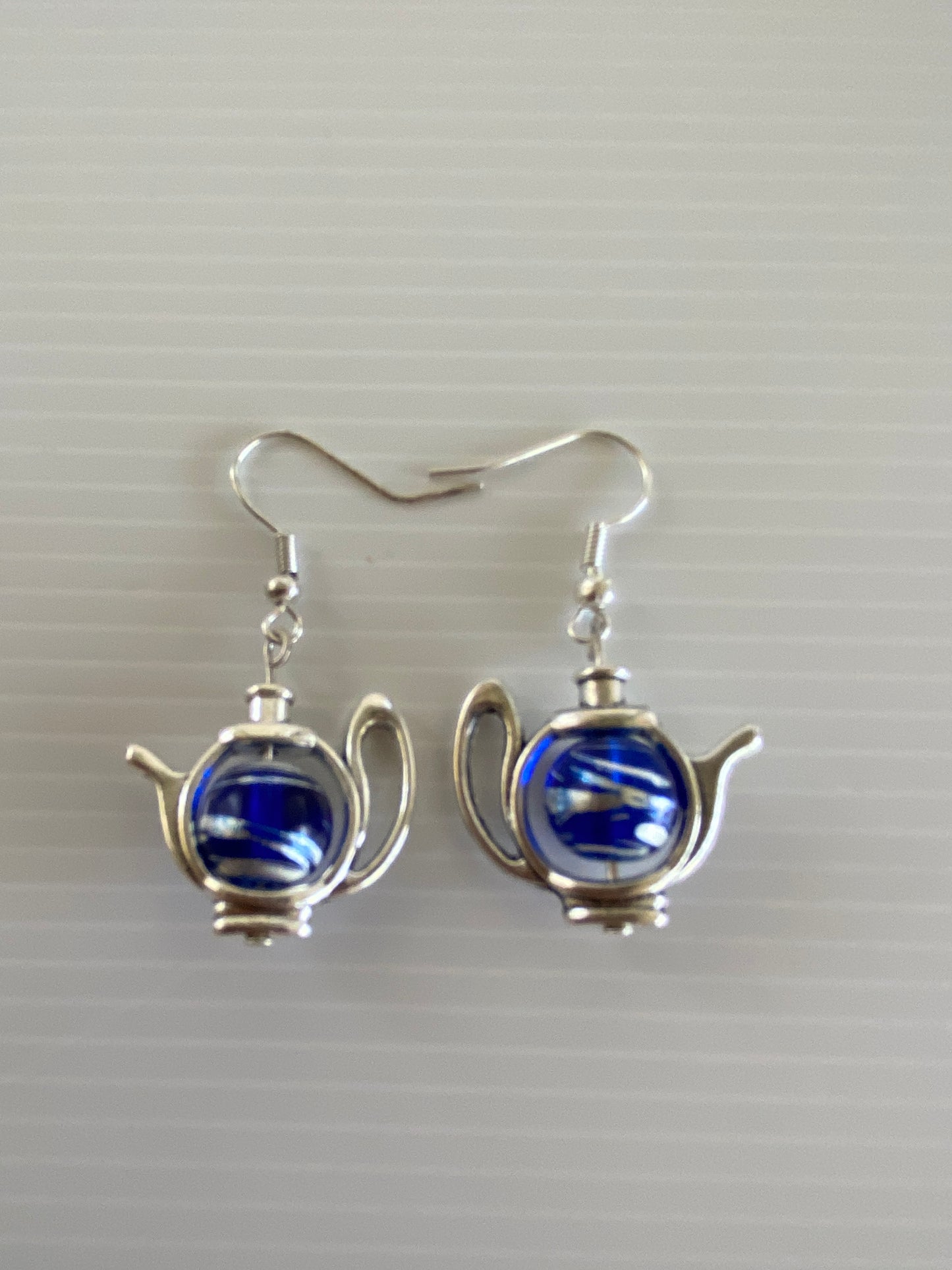 Teapot / Kettle Earrings Dark Blue with Silver Swirl Pierced or Clip-On