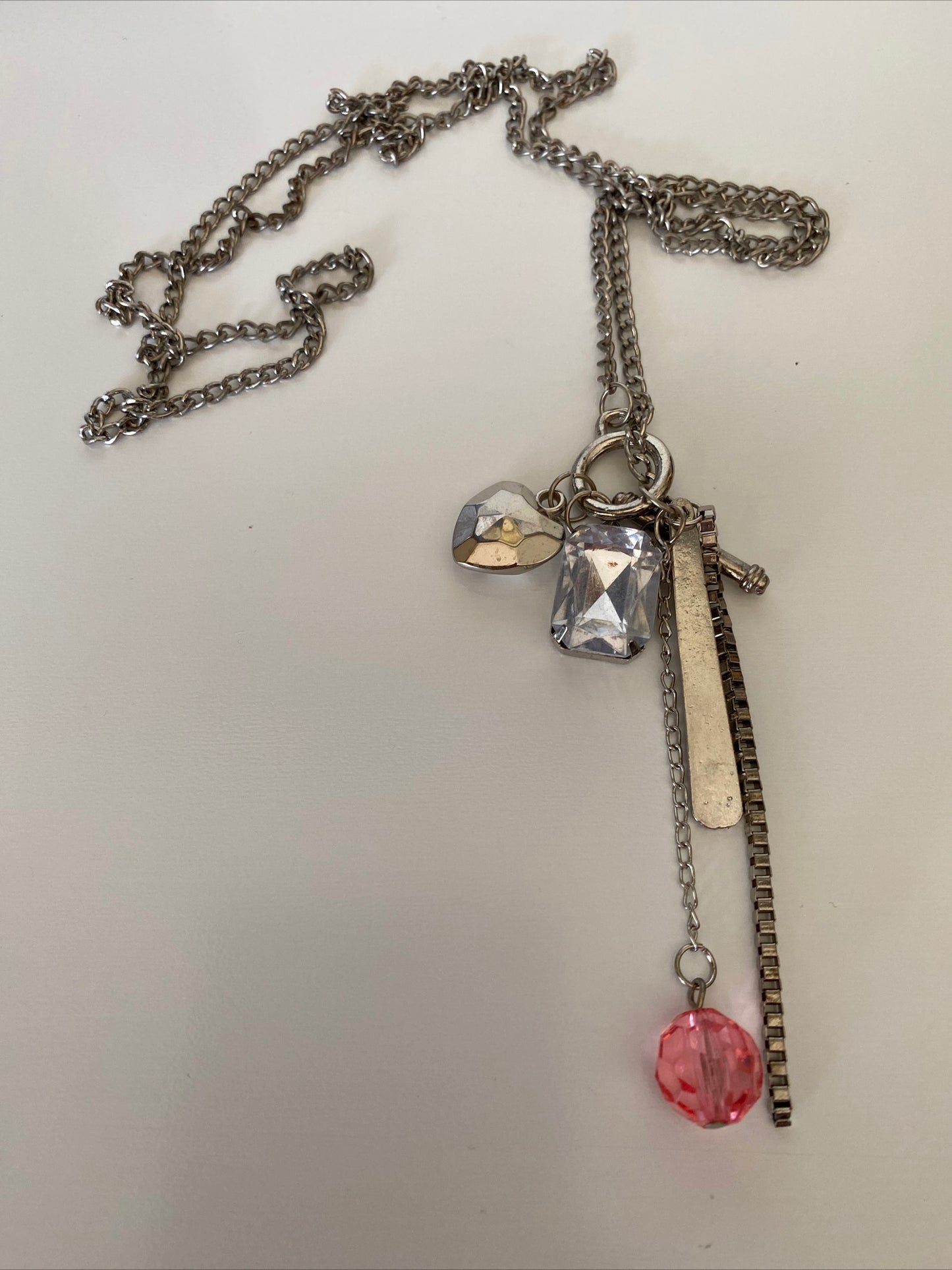 Silver Plate Long Necklace Cluster Charms Rhinestone, Bar Pink Bead
