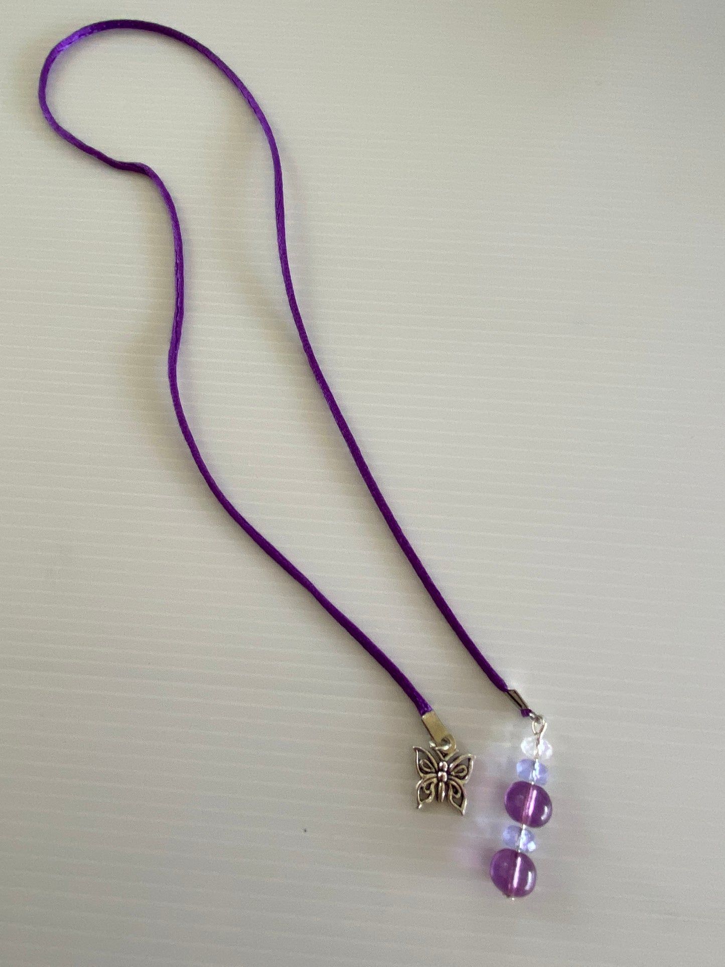 Beaded  Silk Cord Book Mark Book Thong Butterfly  Charm Dark Purple Glass Beads gift
