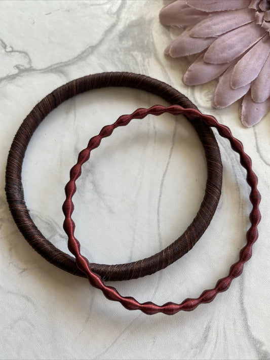 Cotton Weave Slide on Bracelet Set of 2 Brown & Burgundy Maroon Wave stretchy