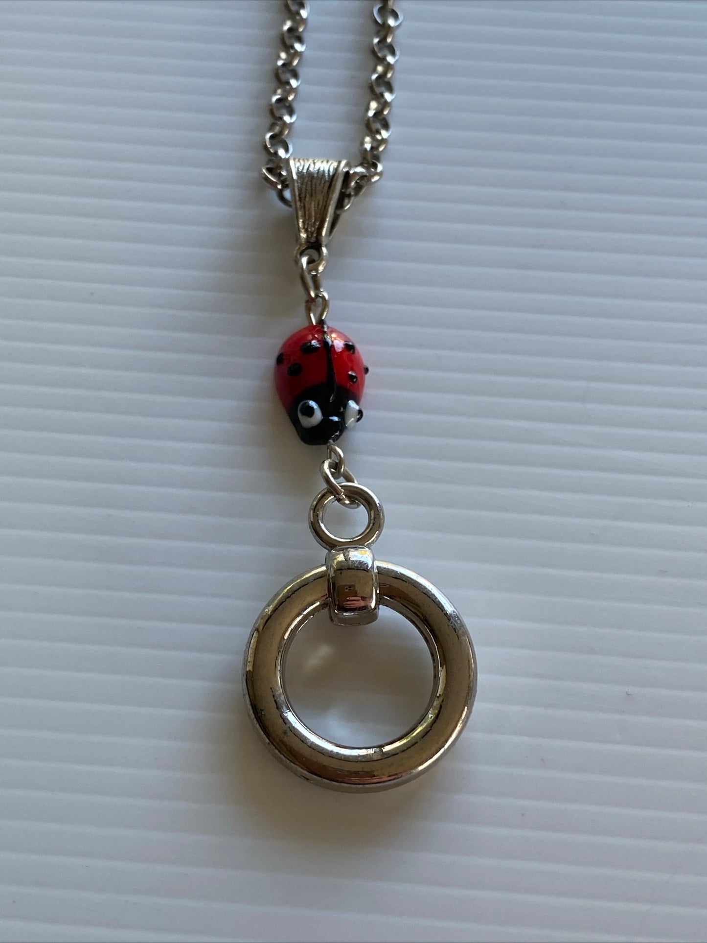 Long Silver tone Rollo style Chain Necklace Focal Silver Ring & Lady Bird Charm