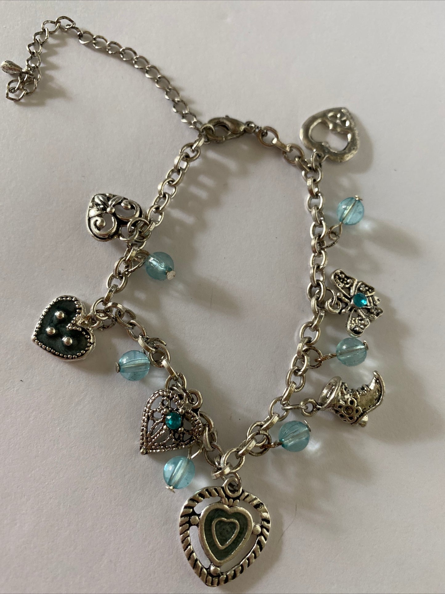 Antique Look Silver Plate & Blue Bead Charm  Bracelet adjustable