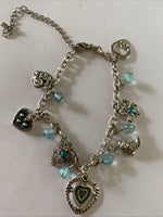 Antique Look Silver Plate & Blue Bead Charm  Bracelet adjustable