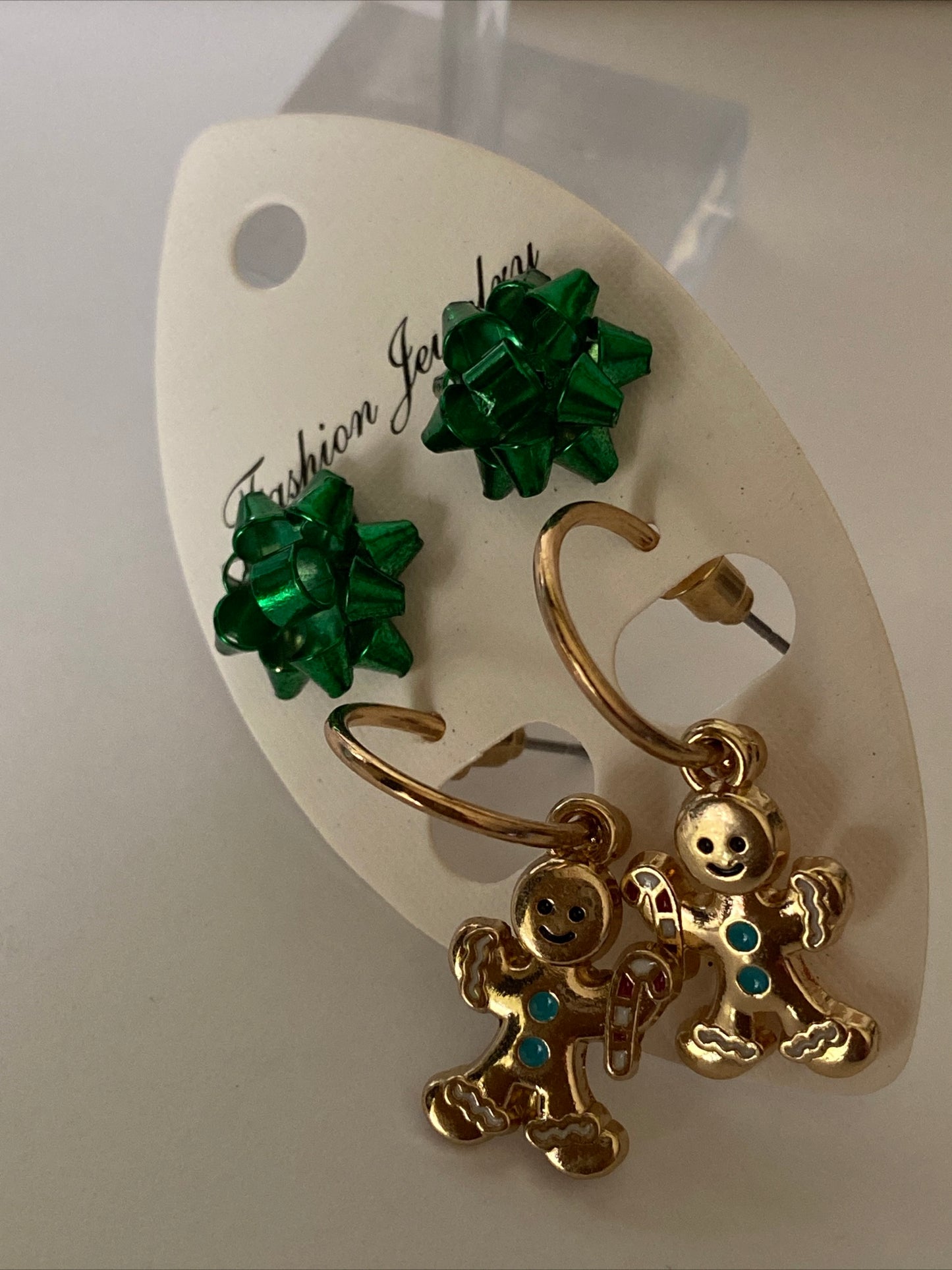 Christmas Twin Set Green Bow GingerbreadManEarrings Pierced Gold Plate  Festive