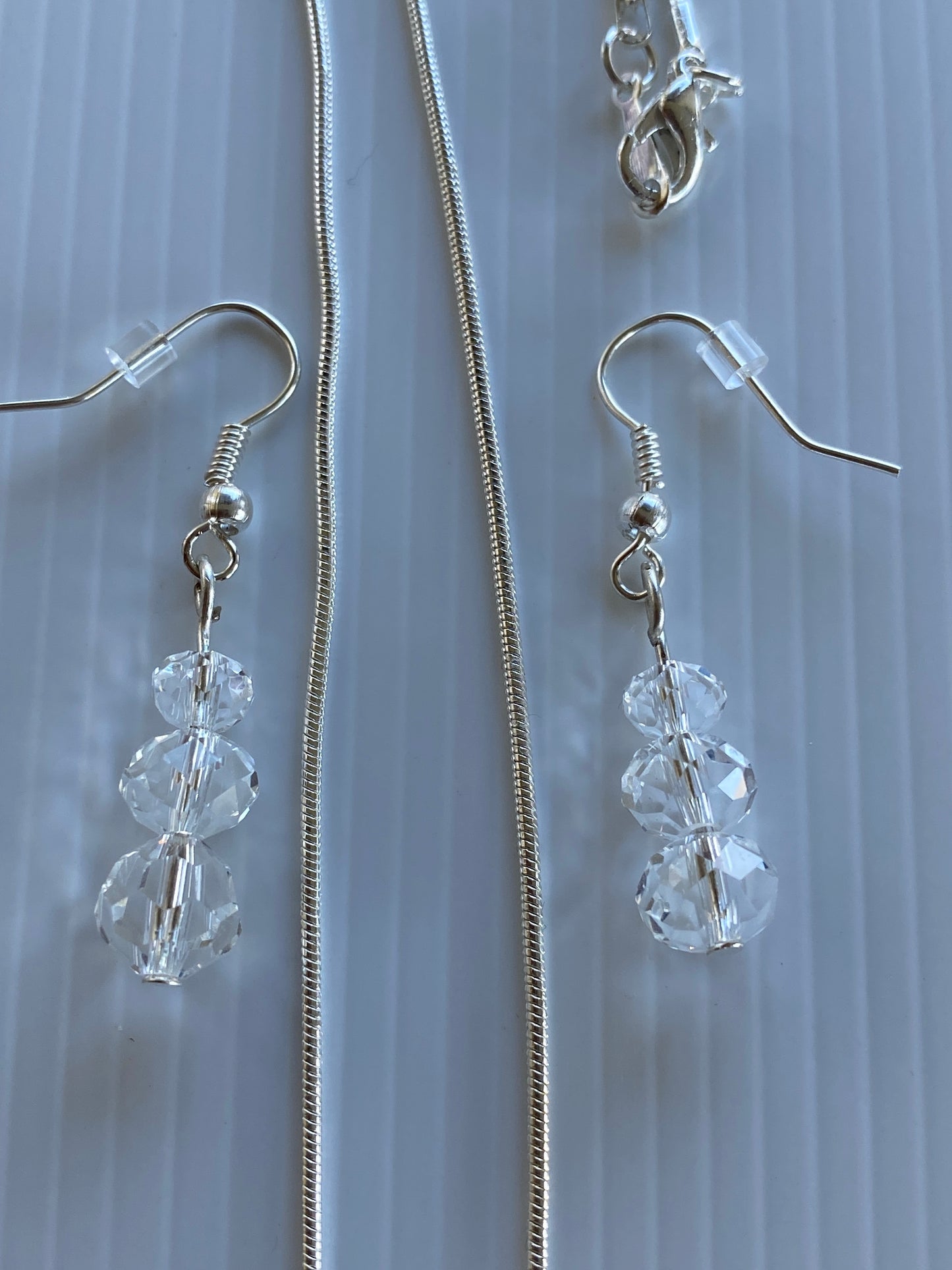 Crystal Clear Teardrop Necklace & Round Crystal Earring Set Pierced Silver Plate