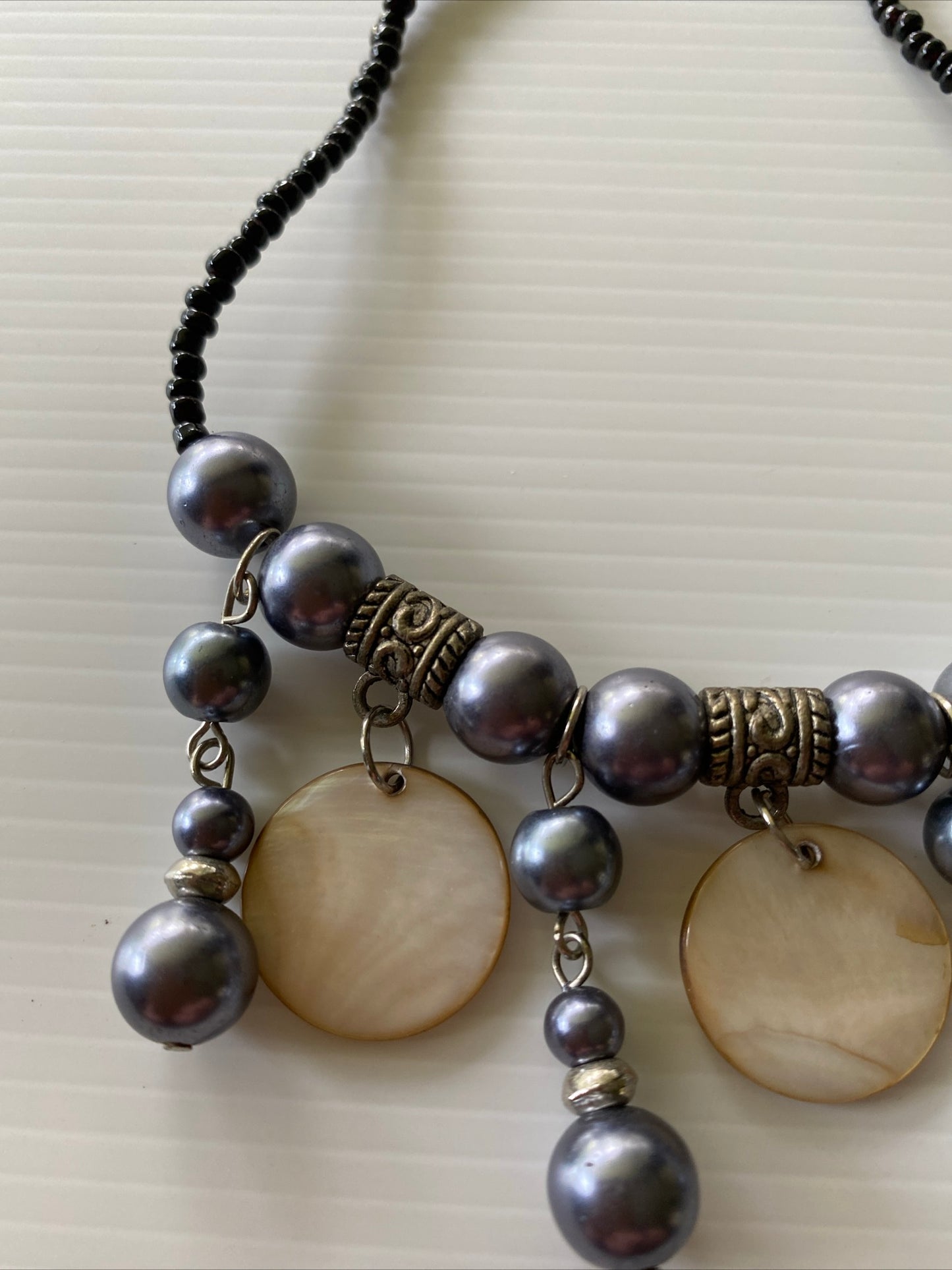 Black  Beaded Short Necklace Choker Blue Grey Glass pearl shiny round disc drops