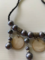 Black  Beaded Short Necklace Choker Blue Grey Glass pearl shiny round disc drops