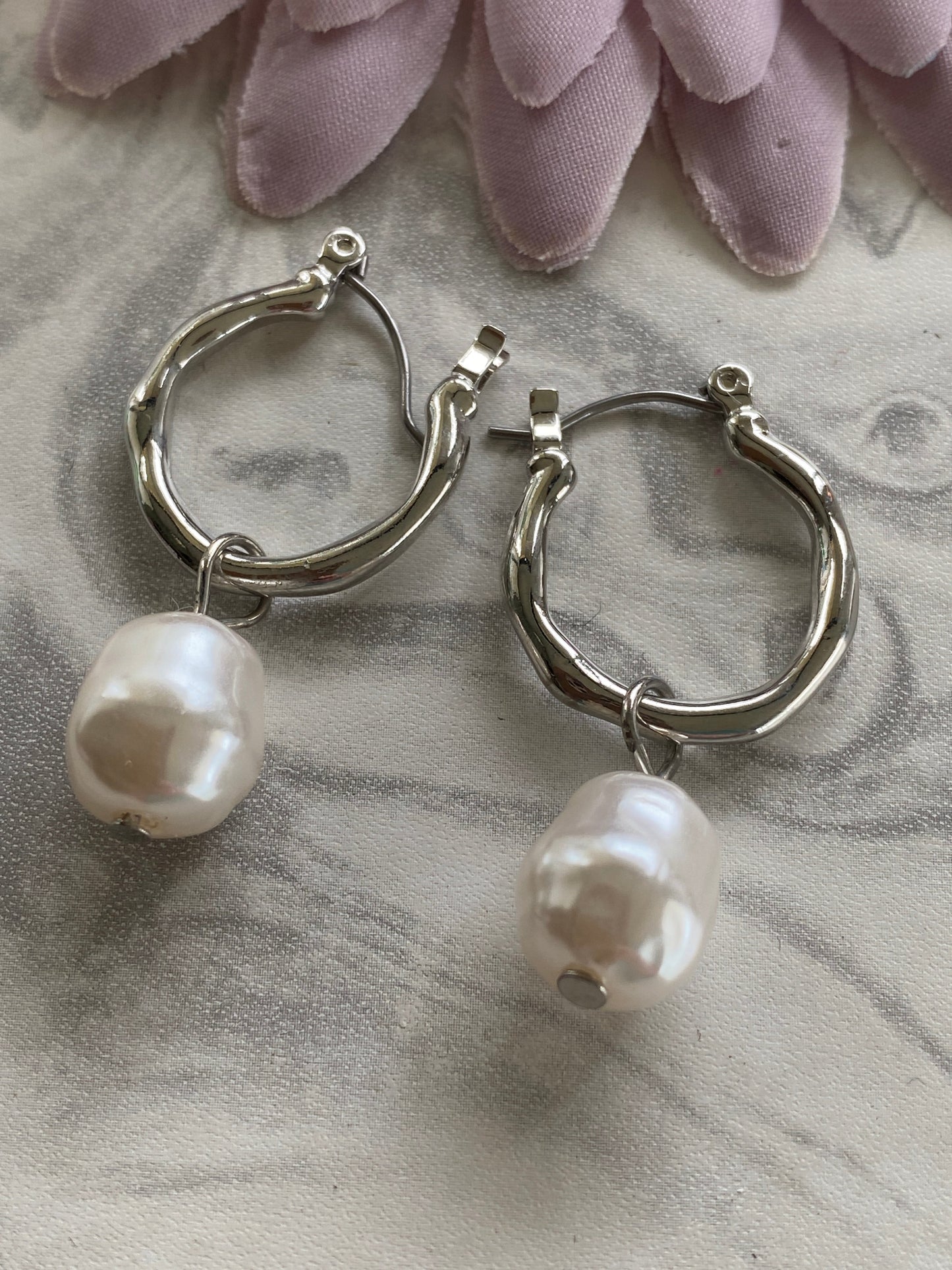 Small Hoop Earrings Silver Plate Smooth Finish with Round Potatoe shape Pearl Drop Lever