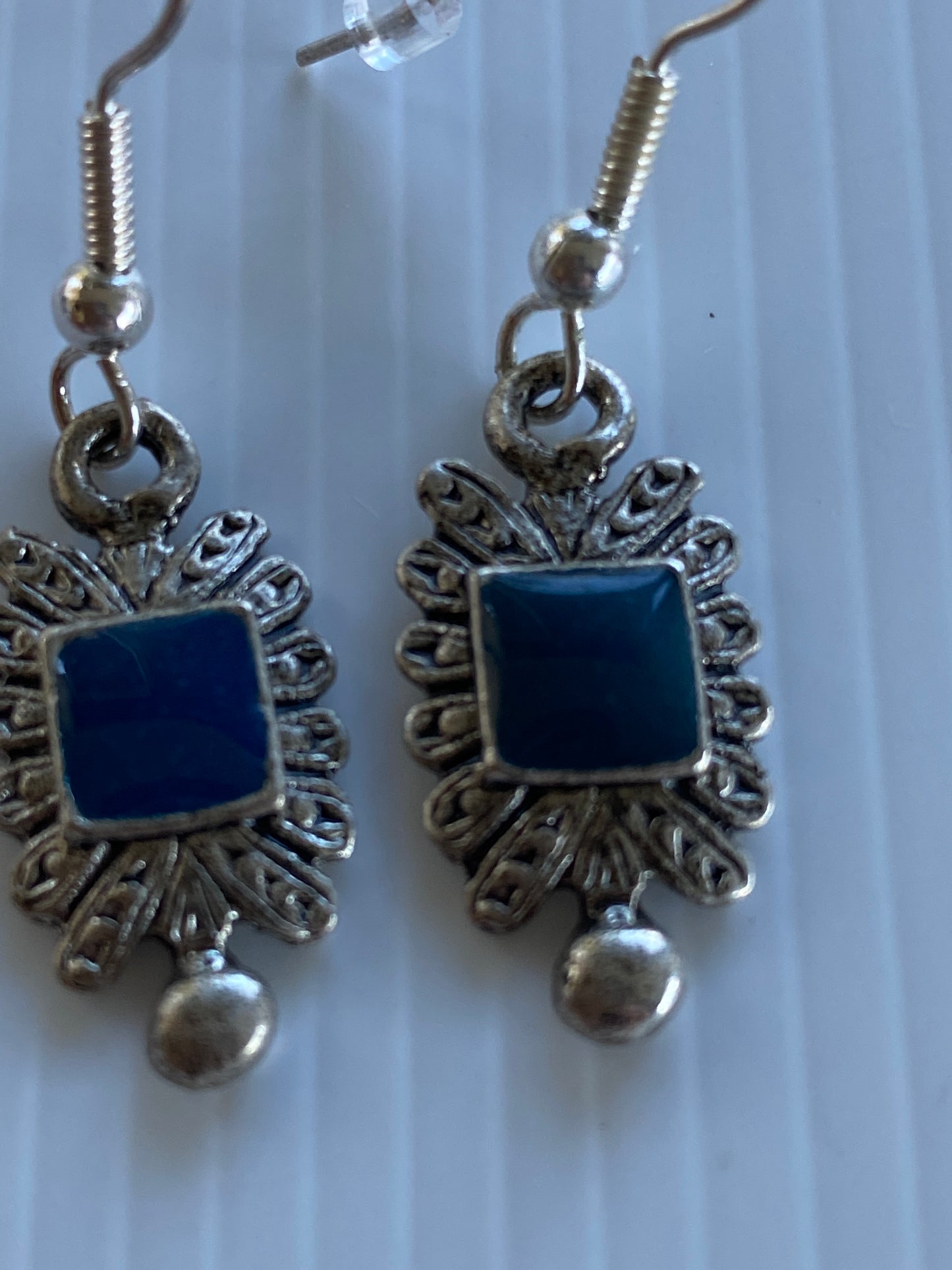 Antique Look Silver Ornate Rectangle Blue Square Enamel Hook Earrings~Pierced