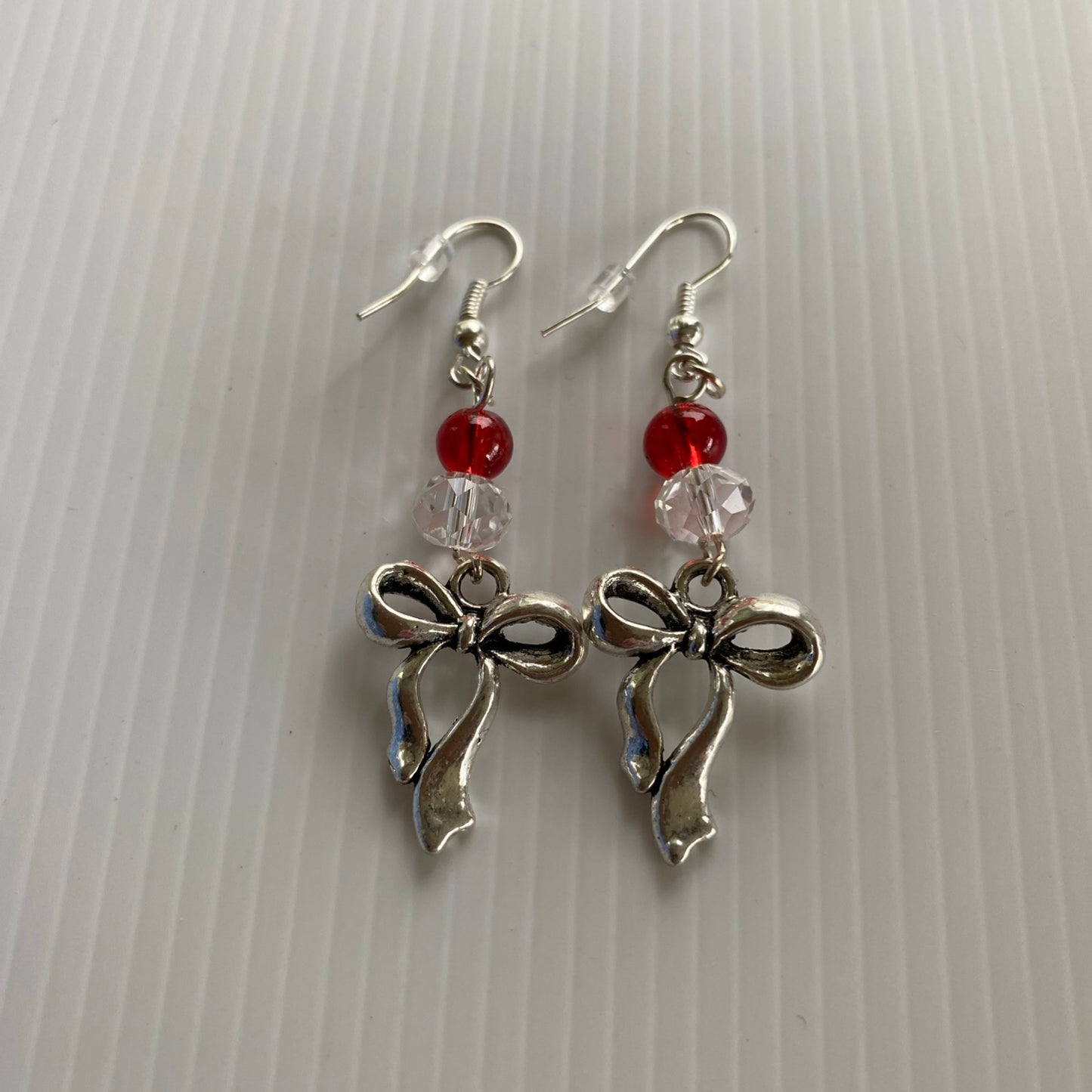 Silver tone Bow Dangle Earrings with Red & Clear Crystals - Pierced *THIS ITEM FREE SHIPPING