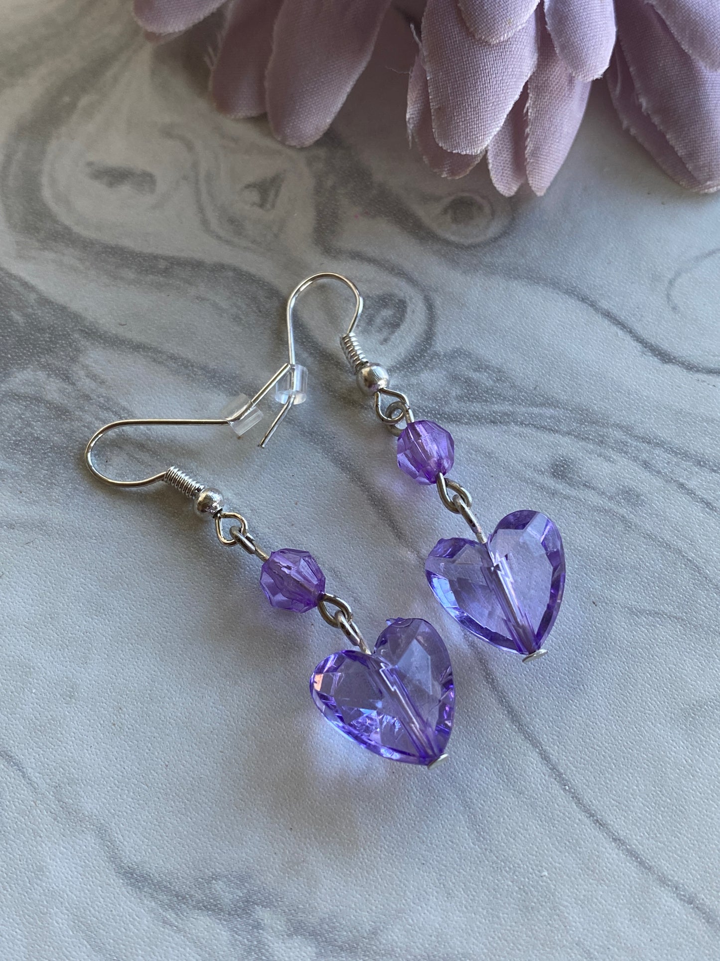 Long Dangle Purple Heart Earrings In assorted Ear Fastenings