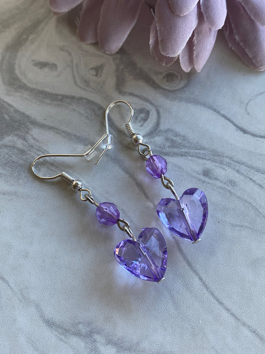 Long Dangle Purple Heart Earrings In assorted Ear Fastenings