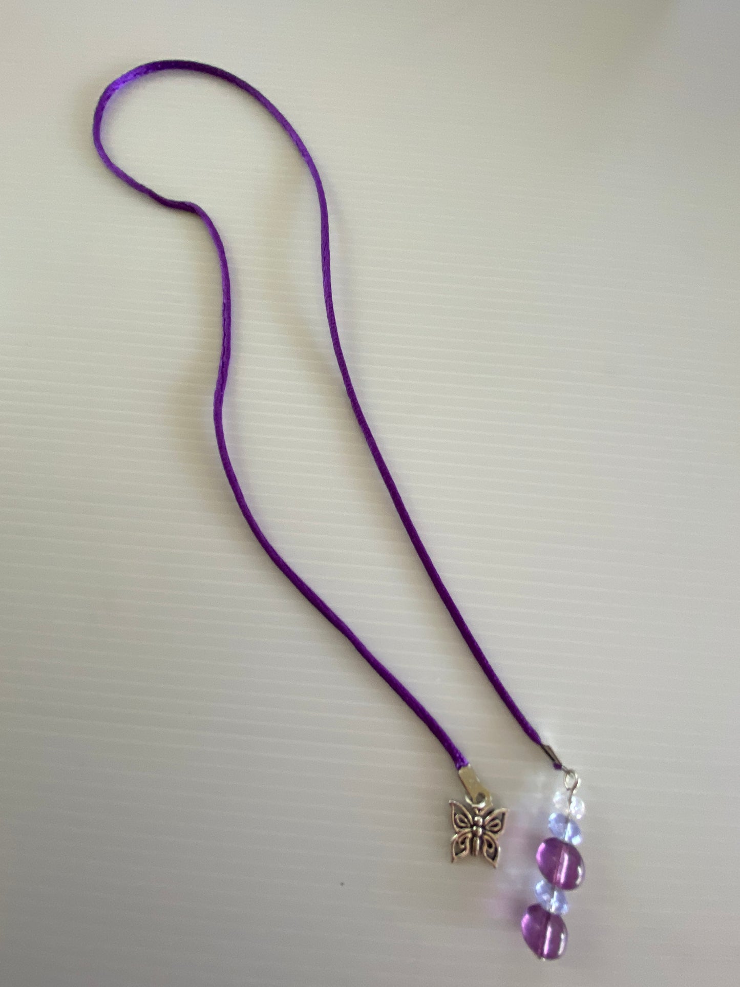 Beaded  Silk Cord Book Mark Book Thong Butterfly  Charm Dark Purple Glass Beads gift