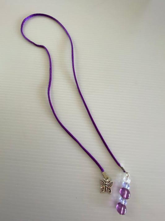 Beaded  Silk Cord Book Mark Book Thong Butterfly  Charm Dark Purple Glass Beads gift