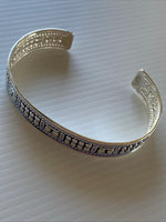 Silver Plate Filigree Detail open Cuff Bangle Light Blue Backing Gift Birthday