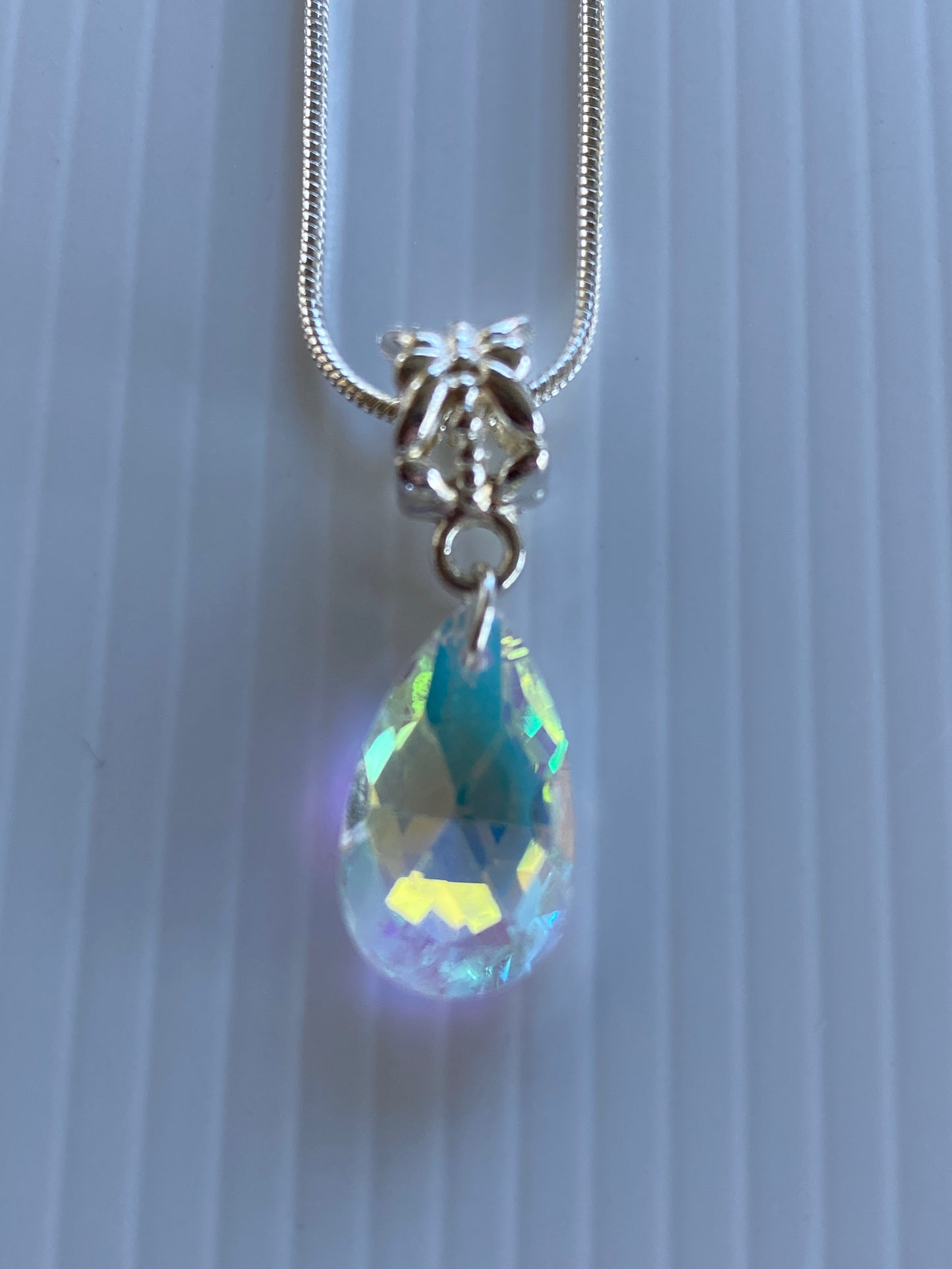 Crystal Clear Teardrop Necklace & Round Crystal Earring Set Pierced Silver Plate