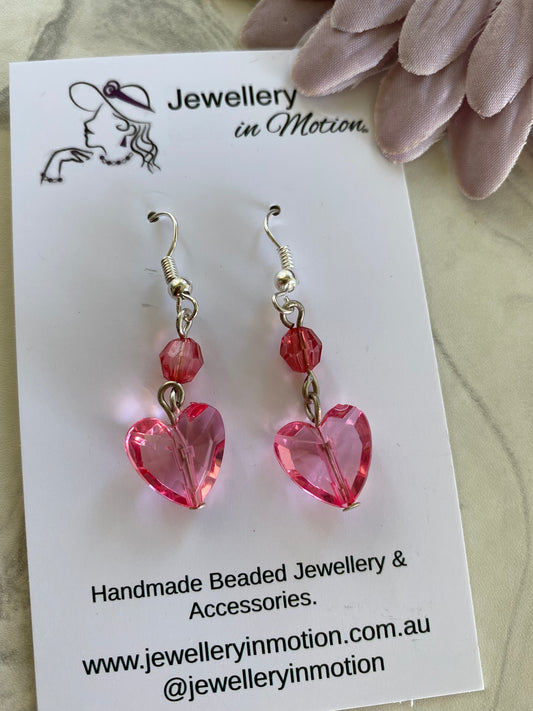 Long Dangle Pink Heart Earrings In assorted Ear Fastenings