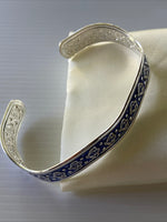 Silver Plate Filigree Detail open Cuff  Wave Bangle Dark Blue Face Back Gift Birthday