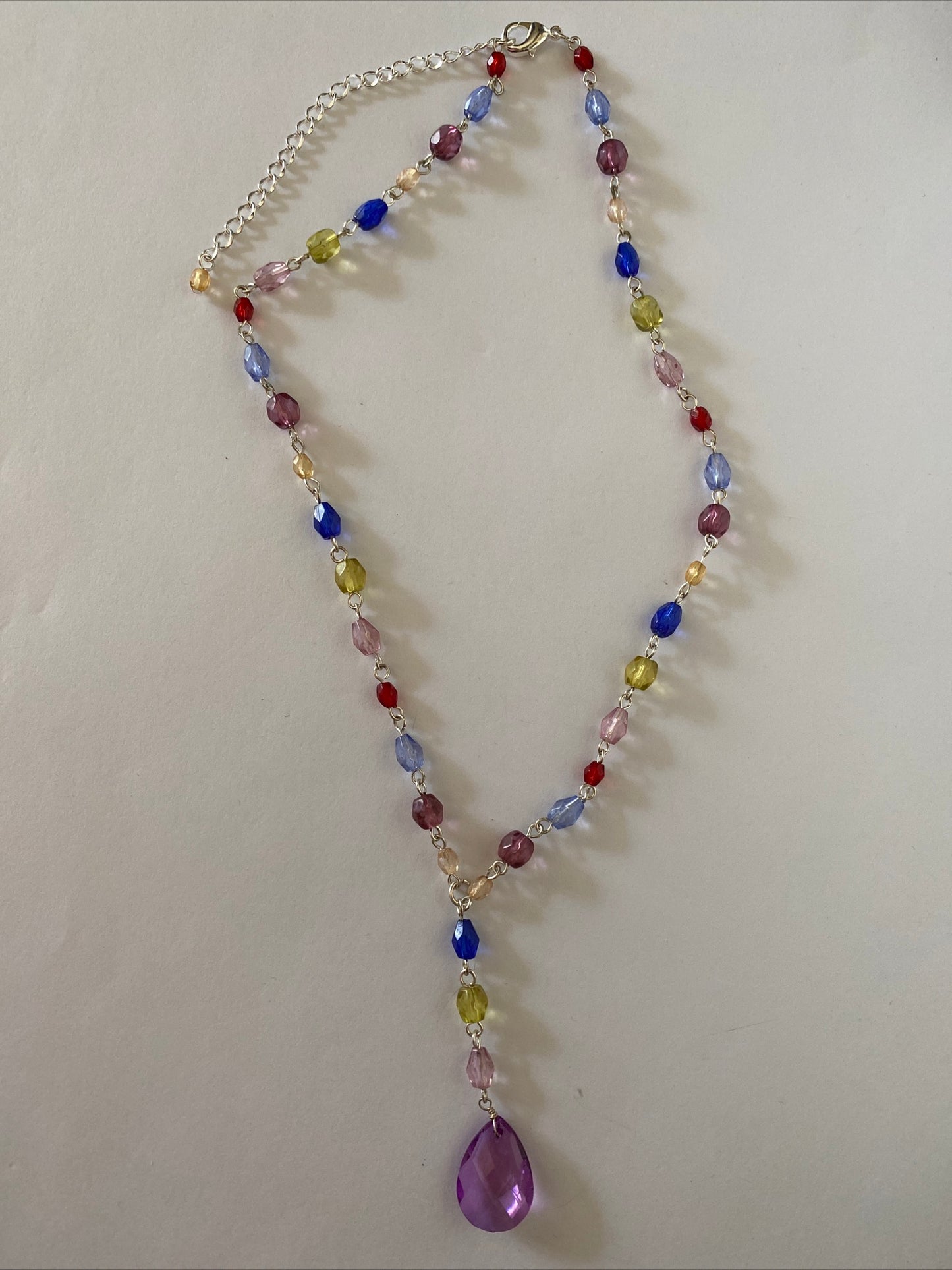 Colourful Silver Plate Y Necklace Faceted Purple Teardrop Pendant  Adjustable