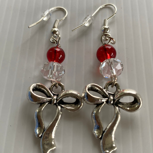 Silver tone Bow Dangle Earrings with Red & Clear Crystals - Pierced *THIS ITEM FREE SHIPPING