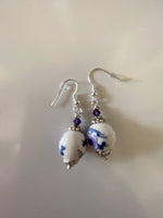 Blue & Plum Ceramic Blossom & Crystal Earrings Pierced or Clip-On