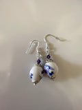 Blue & Plum Ceramic Blossom & Crystal Earrings Pierced or Clip-On