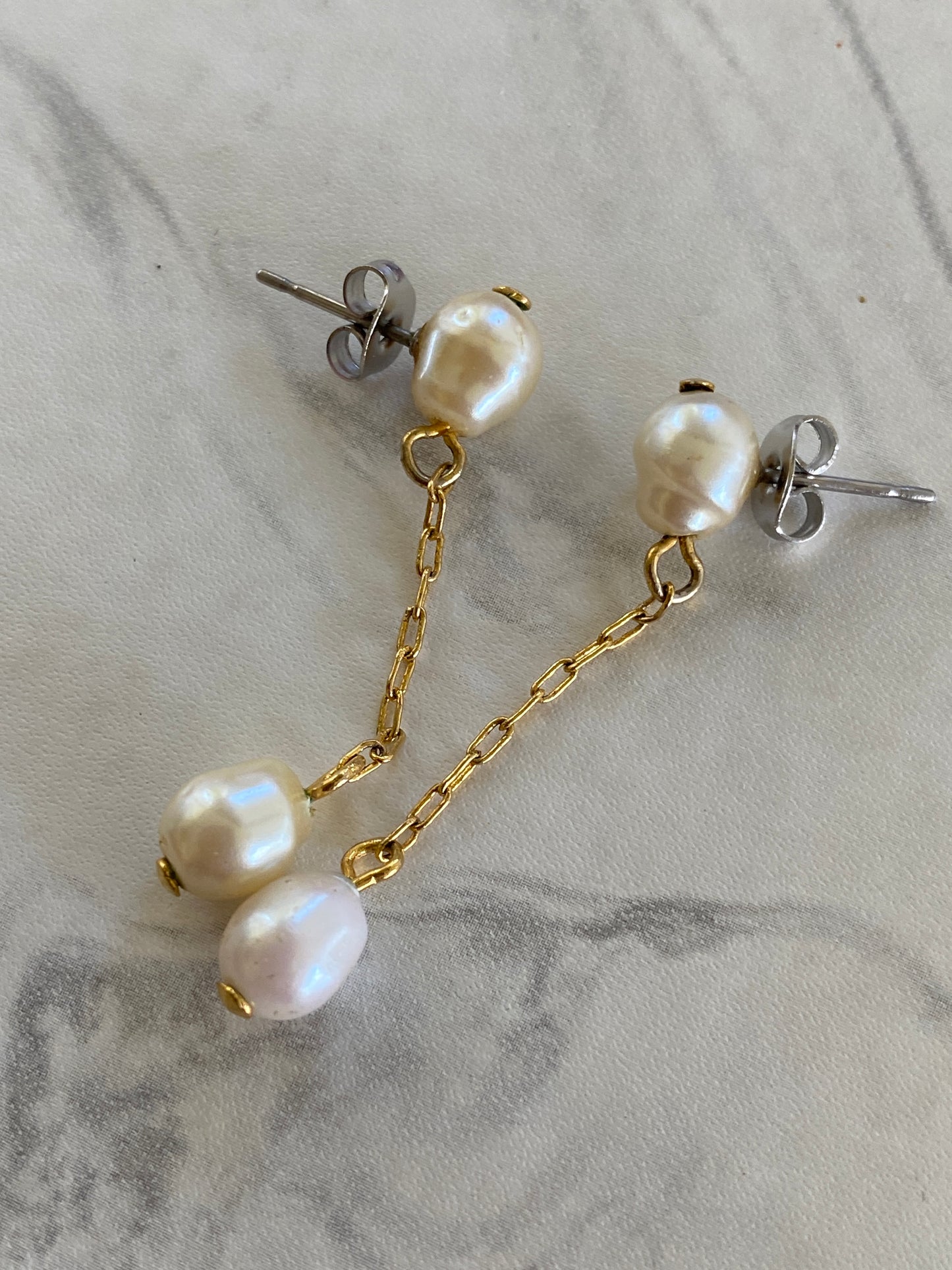 Double Pearl Drop Dangle Earrings with gold plate Chain