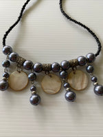 Black  Beaded Short Necklace Choker Blue Grey Glass pearl shiny round disc drops