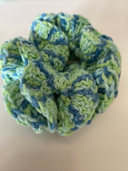 Hair Scrunchie Crochet Handmade Elastised Full Ruffled Blue & Green Mix