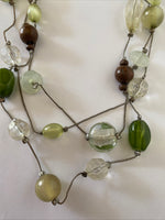Triple Strand Silver tone Chunky Feature Focal Necklace Neutral Green Bronze Tone