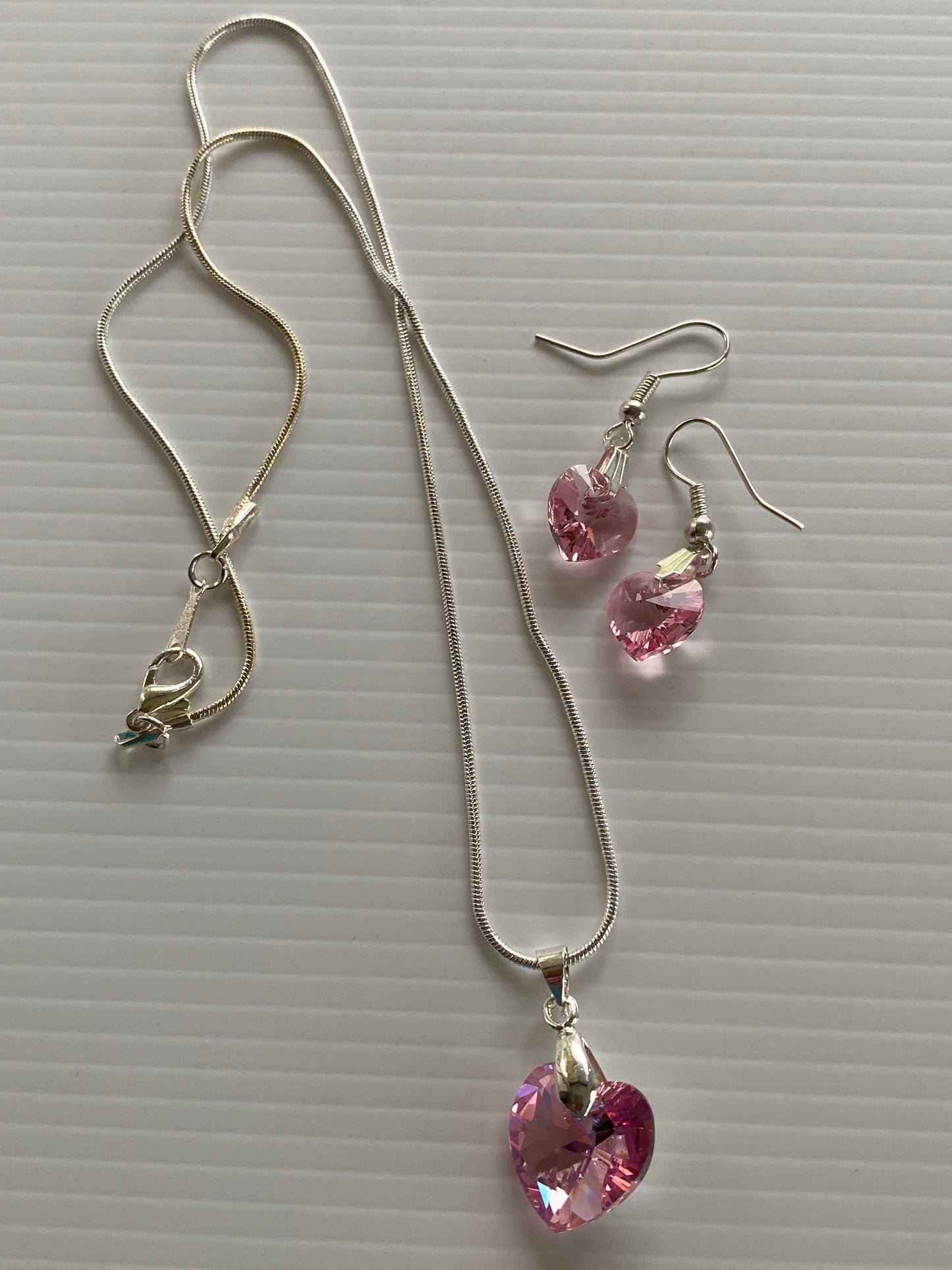 Pink Hearts Earring & Necklace Set Pierced Silver Plate