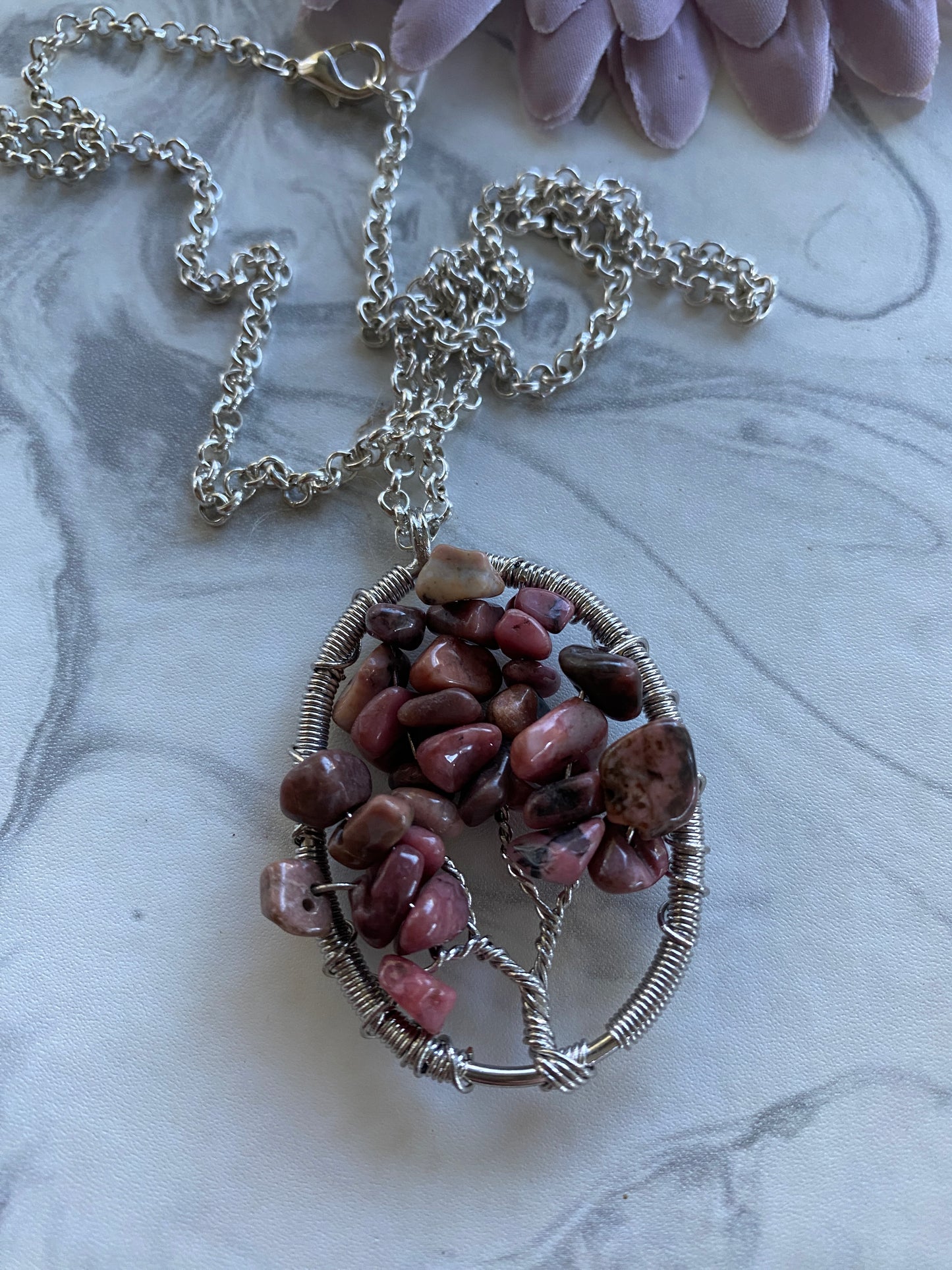 Tree of Life Rhodonite Chip  Oval Necklace Silver Plate Rolo style Chain