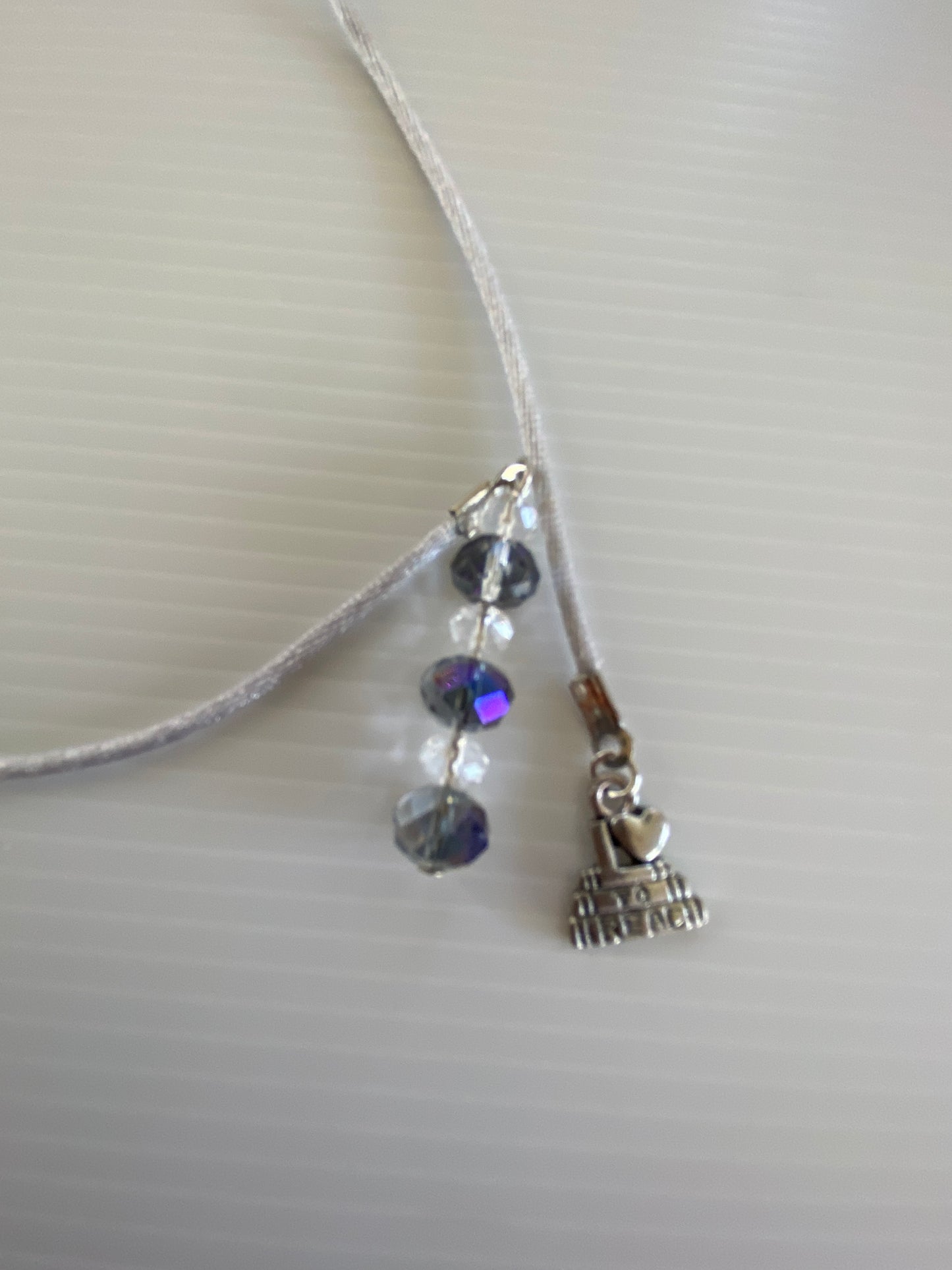 Beaded Silk Cord Book Mark Book Thong I Love Books Charm Light Grey ab Glass Crystals gift