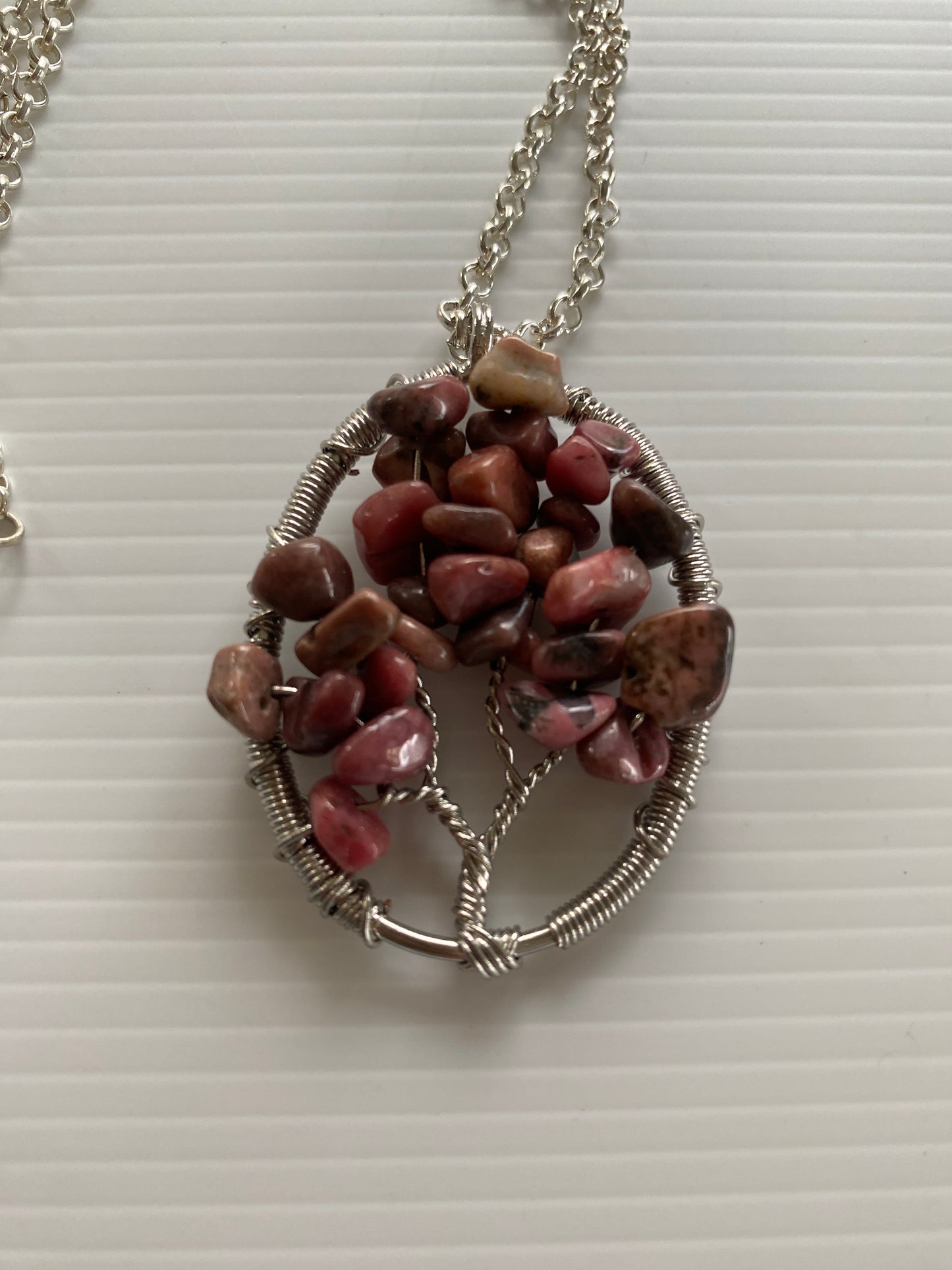 Tree of Life Rhodonite Chip  Oval Necklace Silver Plate Rolo style Chain