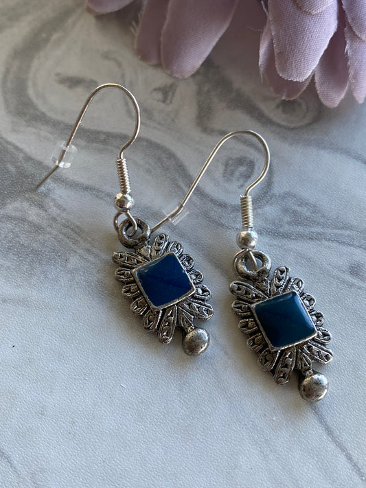 Antique Look Silver Ornate Rectangle Blue Square Enamel Hook Earrings~Pierced