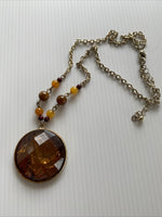 Copper Disc Pendant Brown & Amber Bead Boho  Short Necklace with Extension