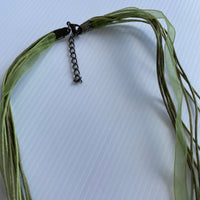 Olive Green Cord Ribbon  Necklace Choker Gold Tone Metal Teardrop Green Stones