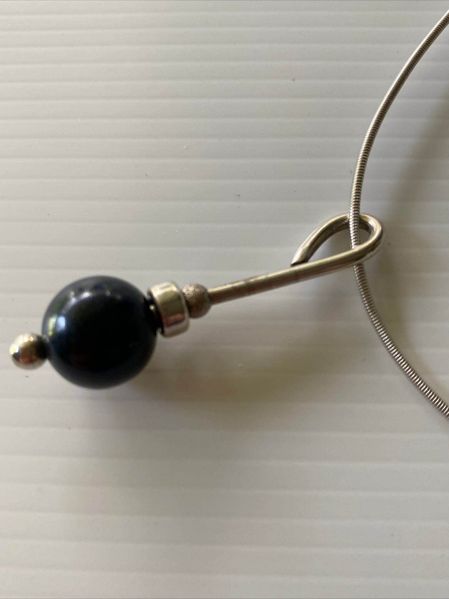 Blue Glass Pearl Round Drop Pendant Necklace Stretch  Silver Wire chain