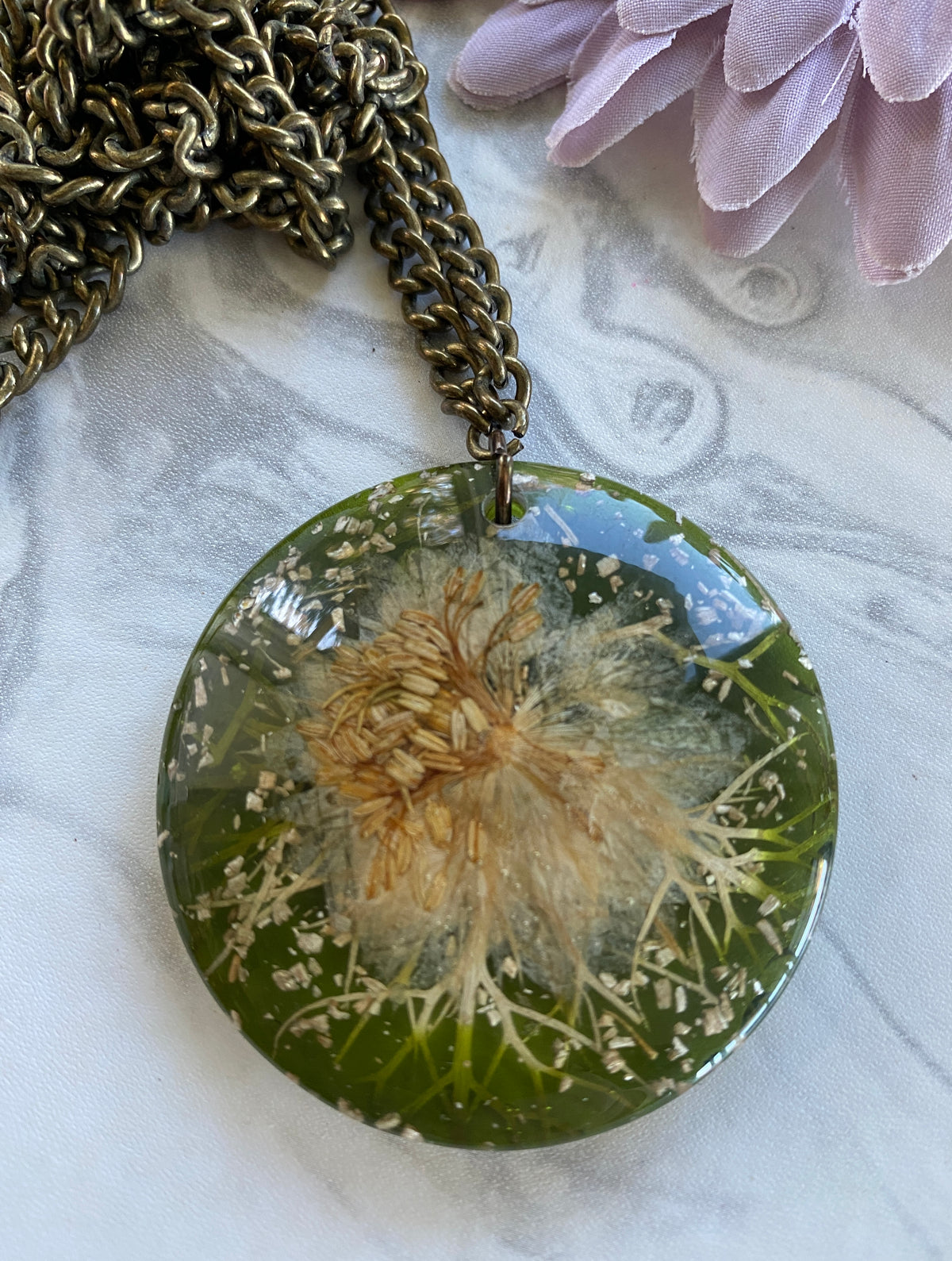 Floral large Pendant Olive Green Colour long oval link chain no clasp