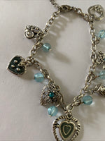 Antique Look Silver Plate & Blue Bead Charm  Bracelet adjustable