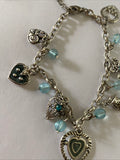 Antique Look Silver Plate & Blue Bead Charm  Bracelet adjustable