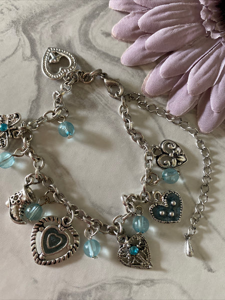 Antique Look Silver Plate & Blue Bead Charm  Bracelet adjustable