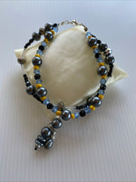 Double Strand Beaded Bracelet Handmade Silver Plate Grey Black Blue tones