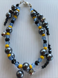 Double Strand Beaded Bracelet Handmade Silver Plate Grey Black Blue tones