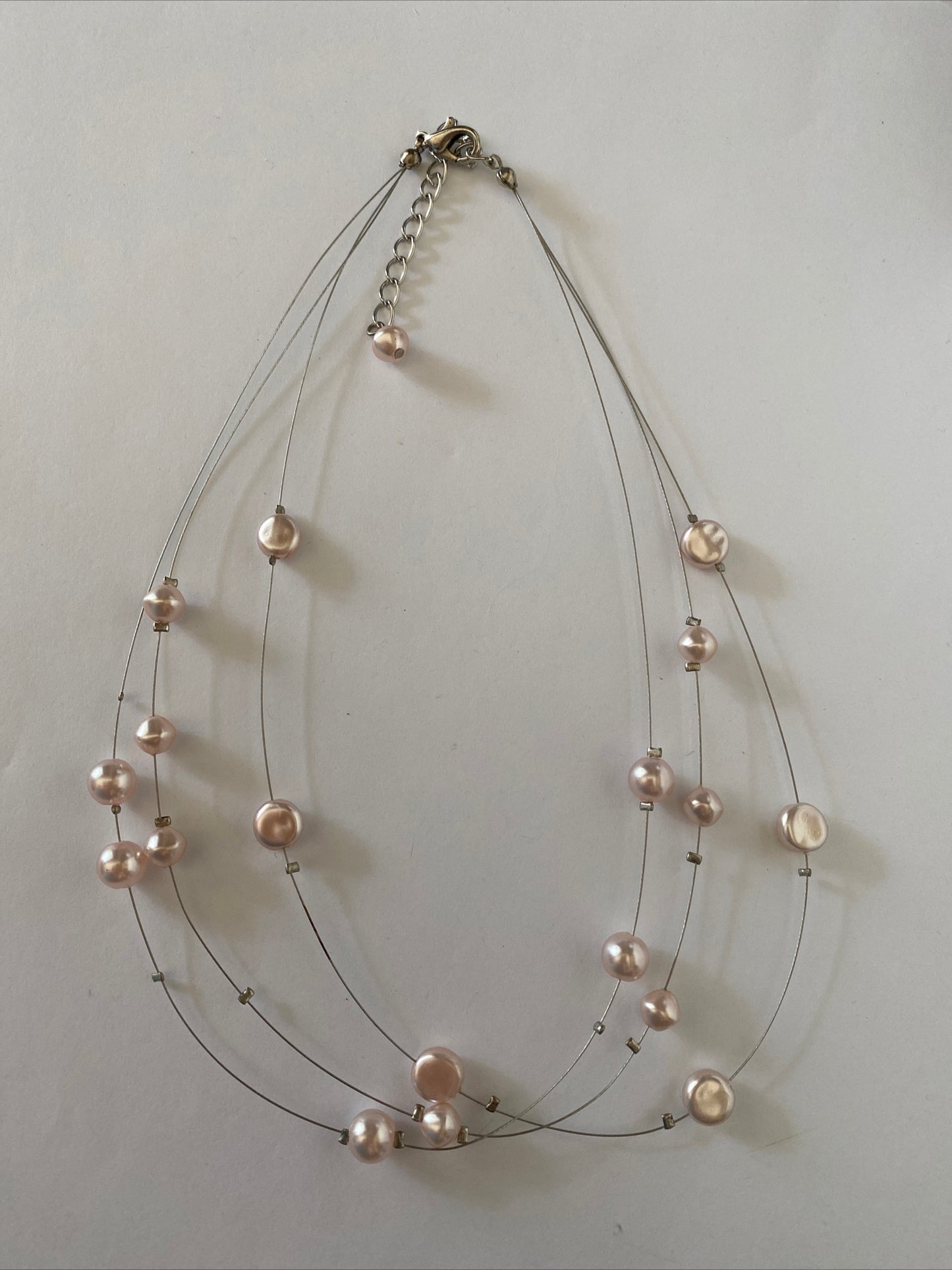 Floating  Glass Pearl Pale Pink Triple Strand Necklace Adjustable Length Gift