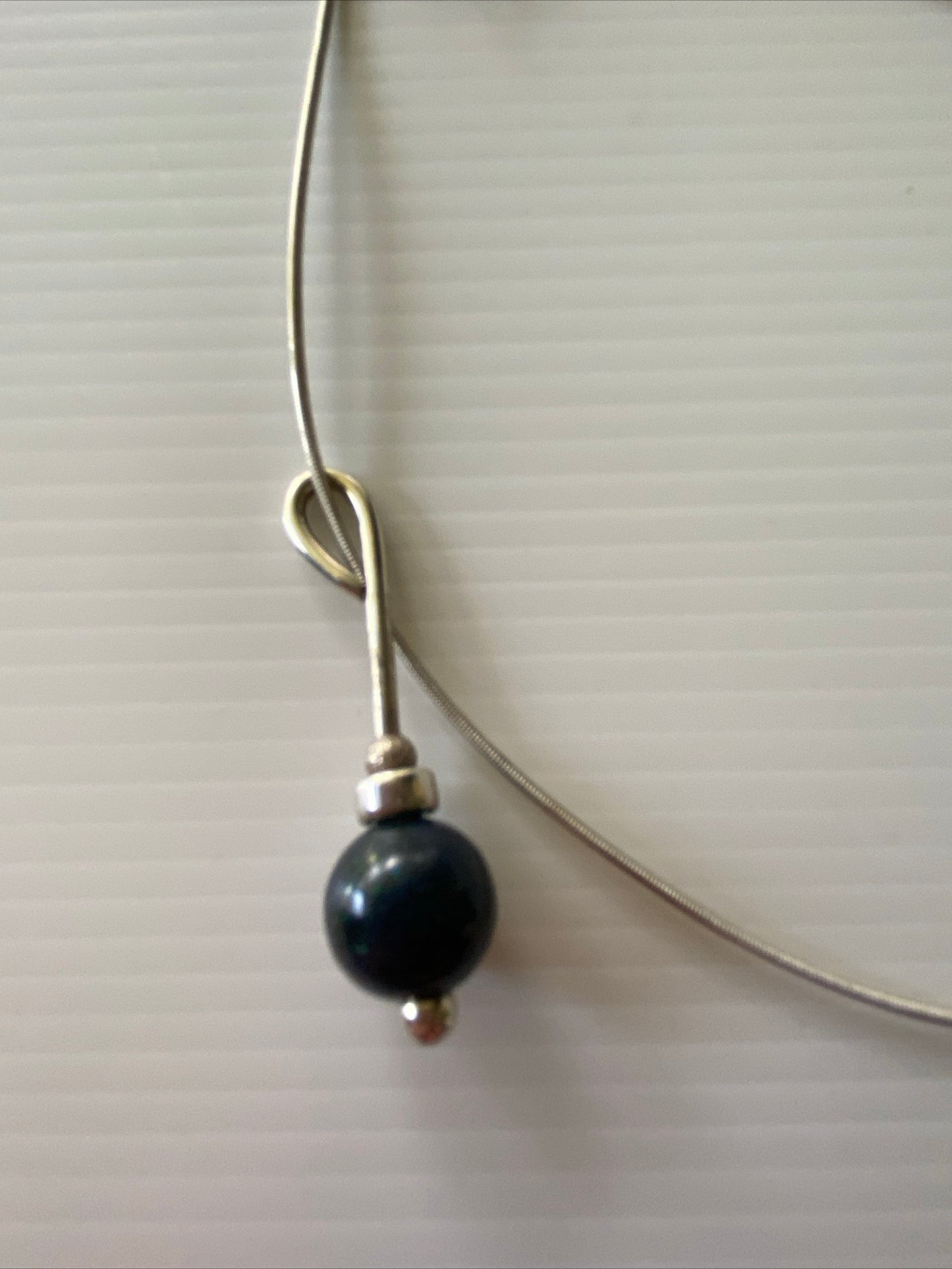 Blue Glass Pearl Round Drop Pendant Necklace Stretch  Silver Wire chain