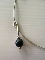Blue Glass Pearl Round Drop Pendant Necklace Stretch  Silver Wire chain