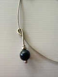 Blue Glass Pearl Round Drop Pendant Necklace Stretch  Silver Wire chain